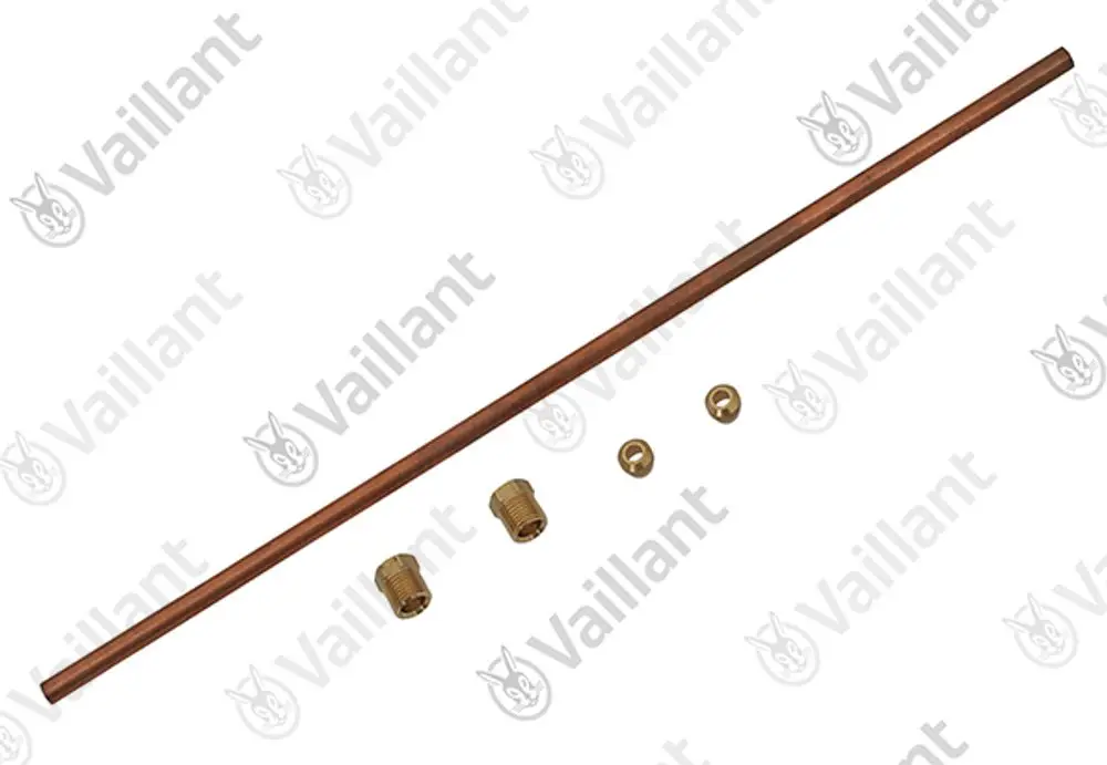 Kupferrohr von Vaillant mit zwei Messingverschraubungen und weiteren Verbindungselementen. Ideal für Heizungsinstallationen.